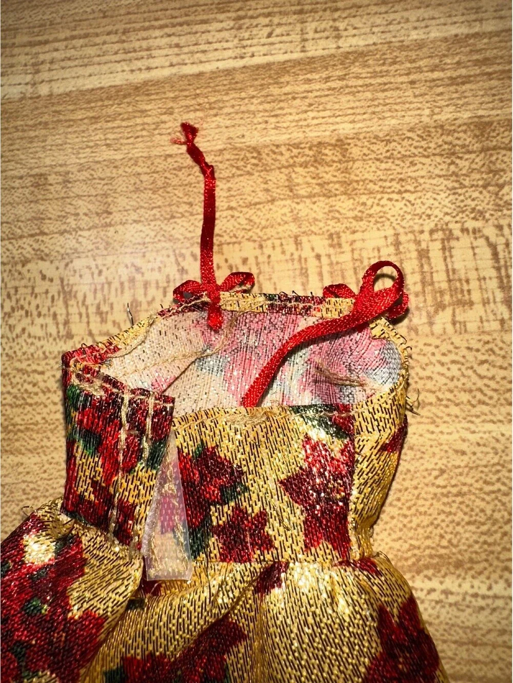 Barbie Doll Dress Gold Red Floral Poinsettia Holiday Costume Outfit Size Small
